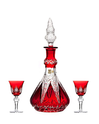 Bohemia Crystal Hand Cut Liqueur set Flowerbud red (1 decanter + 6 glasses) - 1