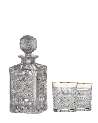 Bohemia Crystal hand cut whiskey set Felicie Line Gold (1 carafe + 2 whiskey glasses) - 1