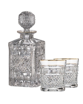 Bohemia Crystal hand cut whiskey set Felicie Line Gold (1 carafe + 2 whiskey glasses) - 1