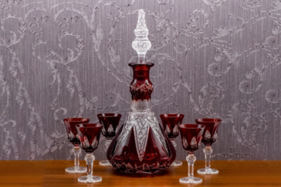 Bohemia Crystal Hand Cut Liqueur set Flowerbud red (1 decanter + 6 glasses) - 2